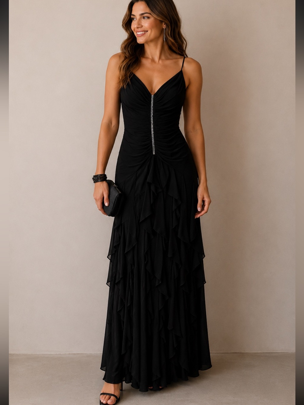 Cache Black Spaghetti-Strap Ruffle Maxi Dress
